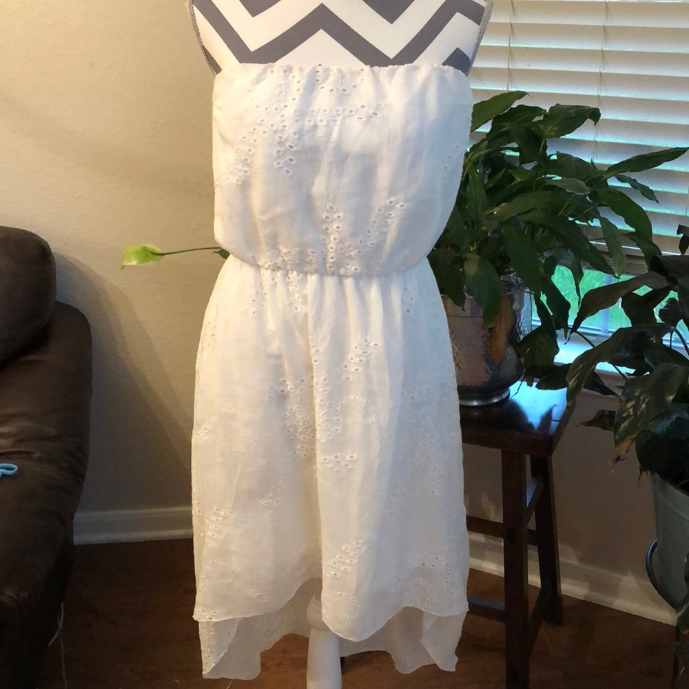 White Embroidered Strapless Hi-Lo Dress